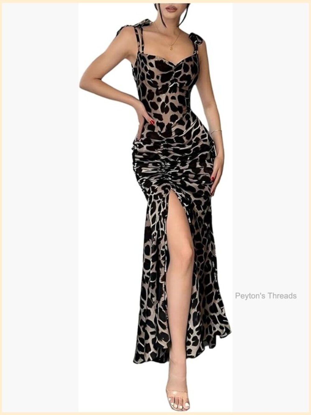 Leopard Print Maxi Dress Bodycon Sweetheart Neck Ruched Slit